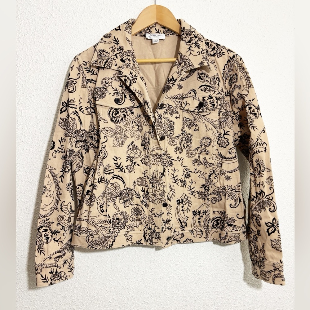 St. John Sport Tan and Black Floral Blazer Jacket with pockets, size Medium